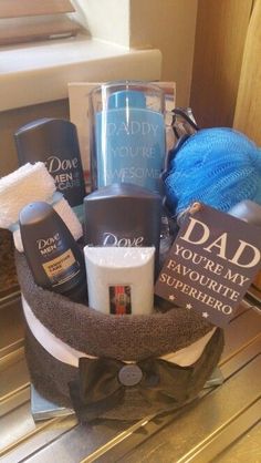 a gift basket filled with personal care items for the great man in your life