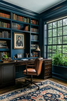 a home office with blue walls and lots of books on the shelves, along with a large rug