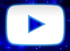 a blue and white sign with the word youtube on it in front of some lights