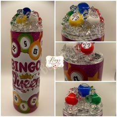 four different shots of various types of candy in a can with plastic wrappers on the top and bottom