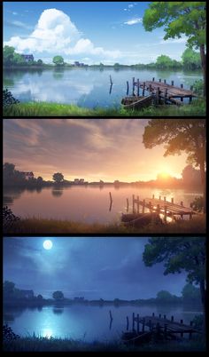 three different views of a lake at night and day