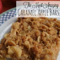 the most amazing caramel apple bars on a plate with apples in the background and text overlay