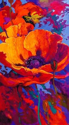 an oil painting of red and yellow flowers