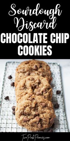 Image with text that says Sourdough Discard Chocolate Chip Cookies with an image of cookies below it Sourdough Discard Chocolate Chip Cookies, Discard Chocolate Chip Cookies, Bakery Style Cookies, Sourdough Chocolate Chip Cookies, Soft Cookie Recipe, Sourdough Starter Discard Recipe, Chocolate Chip Cookies Recipe, Sourdough Discard, Sourdough Baking