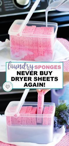 two plastic containers filled with pink sponges sitting on top of a table next to an oven