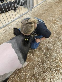 a woman kneeling down to pet a cow