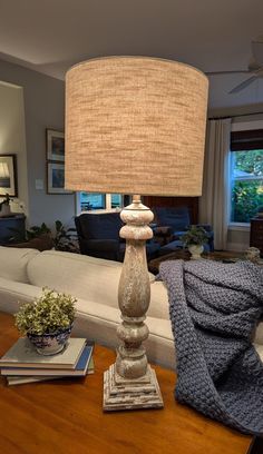 a lamp sitting on top of a wooden table in a living room next to a couch