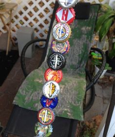 a stack of beer bottle caps sitting on top of a chair