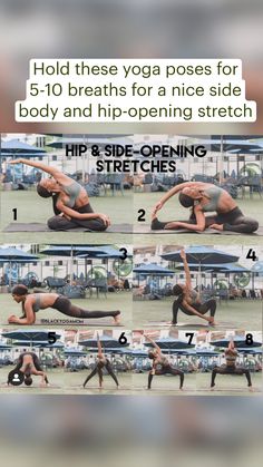 a woman doing yoga poses on her stomach with the words hold these yoga poses for 5 - 10 beats for a nice side body and hip - opening stretch