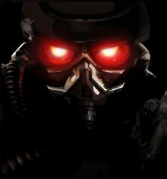 a man in a gas mask with red eyes