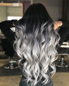 Balayage on Black Hair White Ombre Hair, Black To Silver Ombre, Black Haircut Styles, Silver Ombre Hair, Black Roots, Silver Ombre