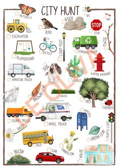 a poster with different types of cars and trucks on it's back side, including the words city hunt