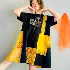 One of one upcycle baby doll dress made from three black tees and salvaged fabrics. Black and gold color way, sheer lace sections add texture and fun 😎 Inside seams are finished with an overlock stitch for a nice long life:) Seen on 5'6" 35/28/38, please allow room to pull on and off over your head. Shoulders 23.5 Pit to pit 25.5 Waist 25.5 Length 37 Upcycled Tshirt Dress, Upcycle Baby, Upcycle Dress, Dress Upcycle, Shirt Upcycle, Upcycle Diy, Lace Babydoll Dress, Upcycled Dress, Overlock Stitch