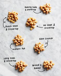 the ingredients to make chickpeas laid out on a marble counter top, including beans and seasonings