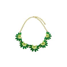 Make A Statement With This Floral Themed Collar Necklace Featuring Green And Yellow Colored Crystals. The Dark And Light Green Resin Crystals Are Arranged As Petals Surrounding A Small Yellow Colored Crystal Center. The Centerpiece Suspends From A Gold-Toned 19-Inch Long Rolo Style Chain With A 3-Inch Long Extender And Secures With A Lobster Claw Clasp. Each Floral Cluster Measures 5 Mm Wide By 3 Mm In Height By 1 Mm In Depth For An Overall Width Of 50 Mm. The Round Center Crystals Measure 5 Mm Elegant Green Necklace For Spring, Green Spring Party Jewelry, Green Necklaces For Summer Parties, Adjustable Green Necklace For Spring, Green Adjustable Necklaces For Spring, Spring Party Green Necklaces, Resin Crystals, Black Gift Boxes, Gold Floral