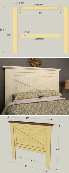 the measurements for a bed frame and headboard are shown in two different pictures, one with