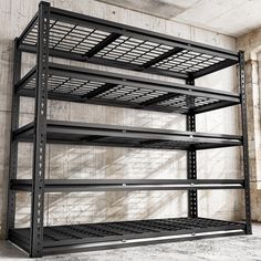 an empty metal shelving unit in a concrete room