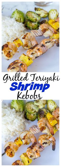 grilled teriyaki shrimp kebobs with white rice and brussel sprouts