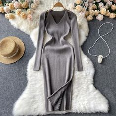 One-shoulder Printed Chiffon Jumpsuit on Luulla Split Sweater, Long Sweater Dress, Night Dress For Women, Split Maxi Dress, Long Sleeve Knit Dress, Knitted Dress, Turtle Neck Dress, Mermaid Dress, Glamorous Evening Gowns