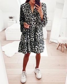 Leopard Print Dress Bohemian Style Dress Shift Midi Dress For Fall Vacation, Fall Vacation Shift Midi Dress, Boho Mini Dress For Beach In Fall, Mini Length Boho Dress For Fall Beach Occasions, Mini Length Boho Dress For Beach In Fall, Mini Boho Beach Dress For Fall, Mini Boho Dress For Beach In Fall, Casual Knee-length Flowy Boho Dress, Knee-length Beach Dresses For Fall