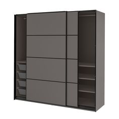 a large gray cabinet with shelves and bins