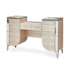 an art deco desk with mirrored top and drawers, in white wicker weave pattern