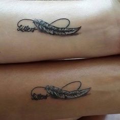 two people with tattoos on their arms and feet, one has a feather tattoo on the other