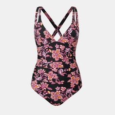 Embrace a vibrant summer look with this floral one-piece swimsuit, showcasing a warm-toned pattern that radiates elegance and style. The double shoulder straps provide added support, while the crisscross back with a tie adds a chic and playful touch. Perfect for making a statement by the beach or pool. Product code: DAA12E4H005DV Fitted Floral Print Tankini For Sunbathing, Black Floral Print Tankini For Beach Season, Black Floral Print Swimwear For Spring, Black Floral Print Tankini For Spring, Black Floral Print Tankini For Poolside, Black Floral Swimwear For Sunbathing, Black Floral Print Tankini For Pool, Floral Print Black Tankini For The Beach, Black Floral Print Swimwear For Beach