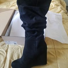 Brand New. Size 9 Black Wedge Boots Floral Espadrilles, Black Wedge Boots, Gold Wedges, Black Strappy Sandals, Just Fab Shoes, Cork Wedges Sandals, Justfab Shoes, Ankle Strap Wedges, Strappy Wedges