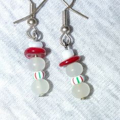 Custom-Made Snowman Vintage Repurposed Bead Earrings Handmade White Beaded Earrings For Christmas, White Drop Earrings For Holiday, White Drop Earrings For Holidays, Christmas White Beaded Dangle Earrings, White Christmas Beaded Dangle Earrings, White Beaded Christmas Dangle Earrings, Handmade White Christmas Earrings, Handmade White Earrings For Christmas, White Beaded Dangle Earrings For Christmas