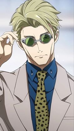 an anime character wearing sunglasses and a suit with a polka dot tie, holding his hand up to his ear