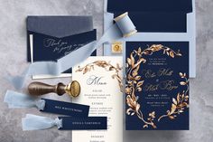 an elegant wedding suite with blue and gold accents