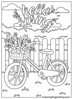 a coloring page with a bicycle and flowers