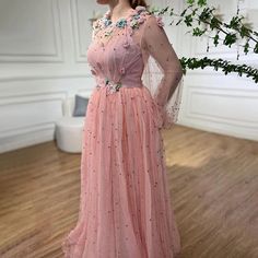 Pink A-Line O Neck Long Sleeve Dubai Evening Dress 2024 with Handmade Flowers and Pearls Dubai Evening, Flowers And Pearls, Dress 2024, Handmade Flowers, Evening Gown, Evening Dress, Pink Color, Dubai, The Dress