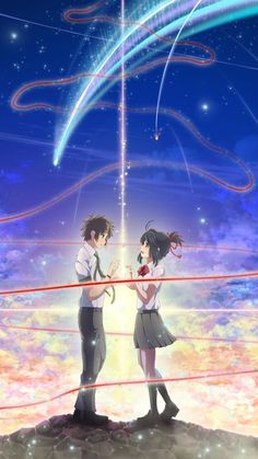 an anime scene with two people standing in front of the sky