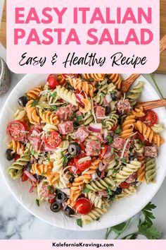 A healthy Italian pasta salad recipe that's loaded with fresh veggies, salami and tossed in a tangy vinaigrette dressing! It's the perfect summer side dish! Find all sorts of Spring Salad Recipes & Side Dishes on my website