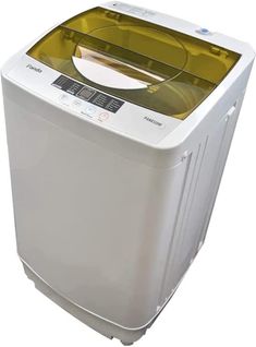 a washing machine that is white and has a yellow top on the front, it's fully automatic