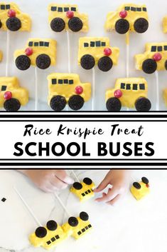 rice krispie treat school buses on sticks with text overlay reading rice krispie treat school buses