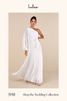 All you have to do is slip into the Lulus Divine Charm White Pleated One-Shoulder Maxi Dress and you'll feel like pure elegance all night long! Lightweight pleated woven chiffon shapes a trendy one-shoulder neckline and a semi-sheer balloon sleeve (with elastic at the cuff). The high, fitted waist features a matching tying sash, that sits atop a twirl-worthy, A-line skirt, finishing at a sweeping maxi hem. Hidden side zipper/clasp. Fit: This garment fits true to size. Length: Floor length. Size Long Pleated Dress, Neutral Dresses, Pure Elegance, Adhesive Bra, Bare Shoulders, Strapless Bra, Pleated Dress, A Line Skirt, A Line Skirts