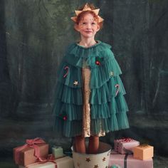 A Christmas tree is a real highlight for the holidays, and now your kids can pretend to be one with our fabulous costume! It's perfect for parties, or for wearing at home for a jolly, fun time. The cape is beautifully crafted from tulle, with lots of embellishments, and comes with a sparkling gold star headband. by Meri Meri The cape is made from layers of light green tulle, with a darker green polycotton lining It has a gold glitter elastic collar, and a popper fastener It features reindeer, ho Geek Outfit, Christmas Tree Costume, Tree Costume, Cape Costume, Green Tulle, Star Headband, Meri Meri, Fabric Stars, Quality Dresses