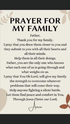 a prayer for my family with an image of a tree and leaves in the background