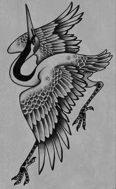 a black and white drawing of a bird on a branch with an arrow in it's beak