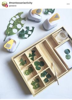 a wooden box with some plants and scissors on the table next to it is an assortment of cut up leaves