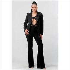 Open Cut Blazer Jumpsuit Set - S / Black - Sets Tailored Long Sleeve Pantsuit For Party, Spring Party Blazer With Modern Style, Modern Party Blazer With Notch Lapel, Modern Spring Party Blazer, Chic Stretch Blazer For Party, Party Tuxedo Pantsuit With Long Sleeves, Chic Long Sleeve Pantsuit For Party, Fitted Suit For Night Out In Spring, Tailored Tuxedo Pantsuit For Night Out