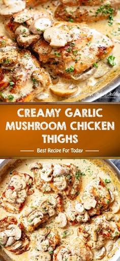 creamy garlic mushroom chicken thighs in a skillet