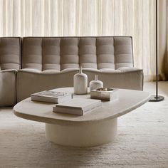 a living room with a couch, coffee table and books