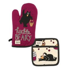 two oven mitts with cartoon images on them and one has an oven mitt in the shape of a bear