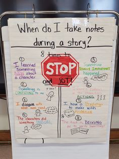 a sign with writing on it that says when do i take notes during a story?