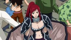 an anime character with red hair is standing in front of other characters and looking at the camera