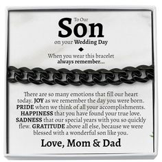 a black chain bracelet with the message to son on your wedding day, always remembers remembrance